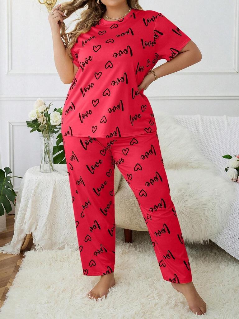 European and American Style Women’s Spring and Summer Pajama Set Plus Size Heart Print Short Sleeve Top and Long Pants Comfortable Loungewear