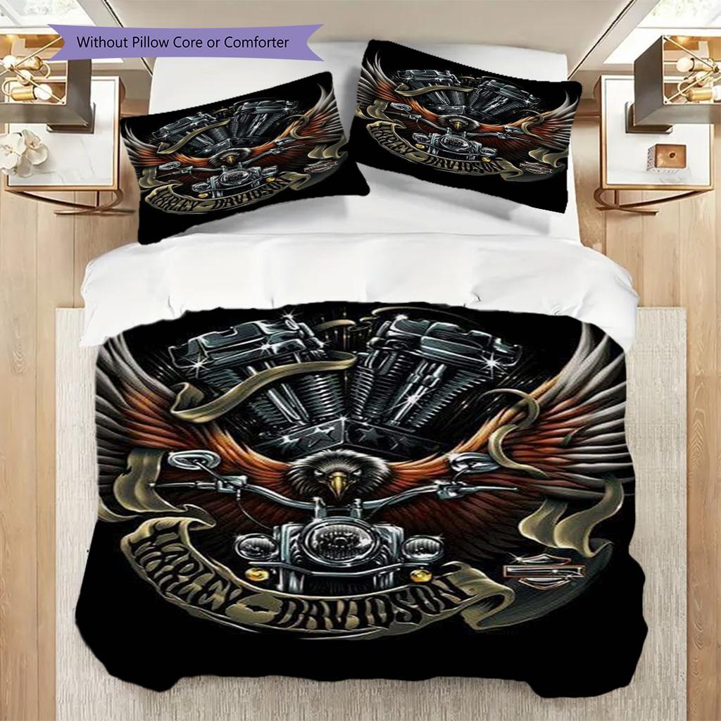 Skull Flames Wings Engines Three-piece Set (1 * Duvet Cover + 2 * Pillowcase, Without Core) 2D Flat Christmas Birthday Gift Duvet Cover and Pillowcase