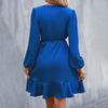Women Mini Dress V-Neck Lantern Long Sleeve Side Lace-up Dress