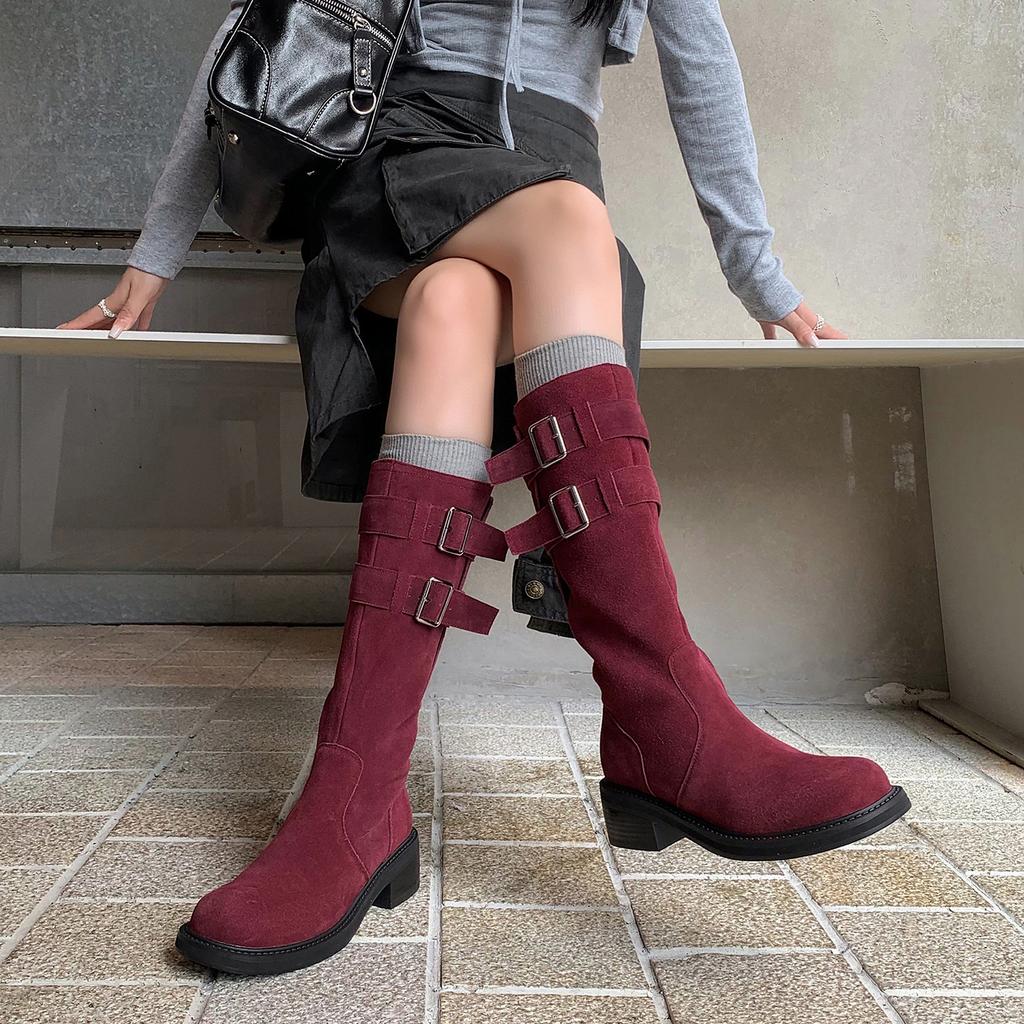 European and American Fashion Simple Cow Flip Knight Boots 2025 Autumn and Winter New Round Head Thick Heel Belt Buckle But Knee Boots
