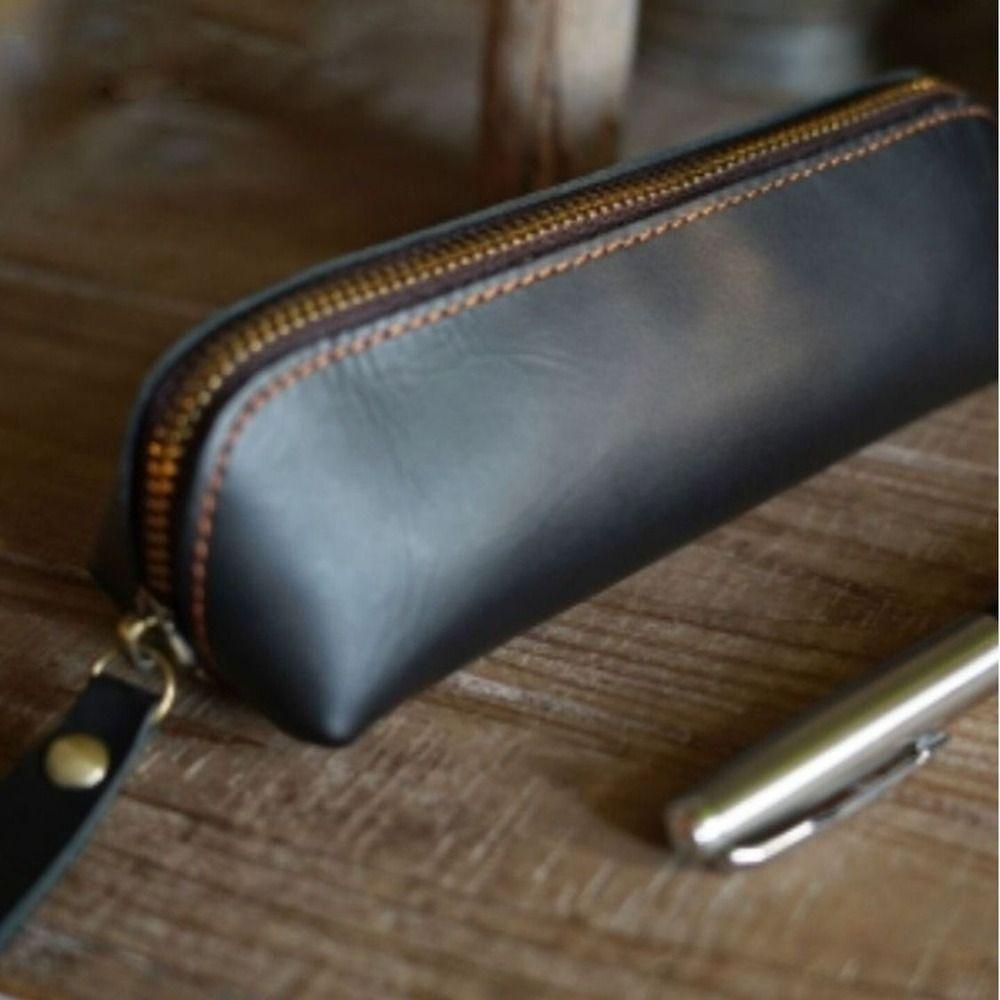 Multifunctional Leather Pencil Pouch Zipper Closure Pencil Case High Quality Stationery Bag  Gift
