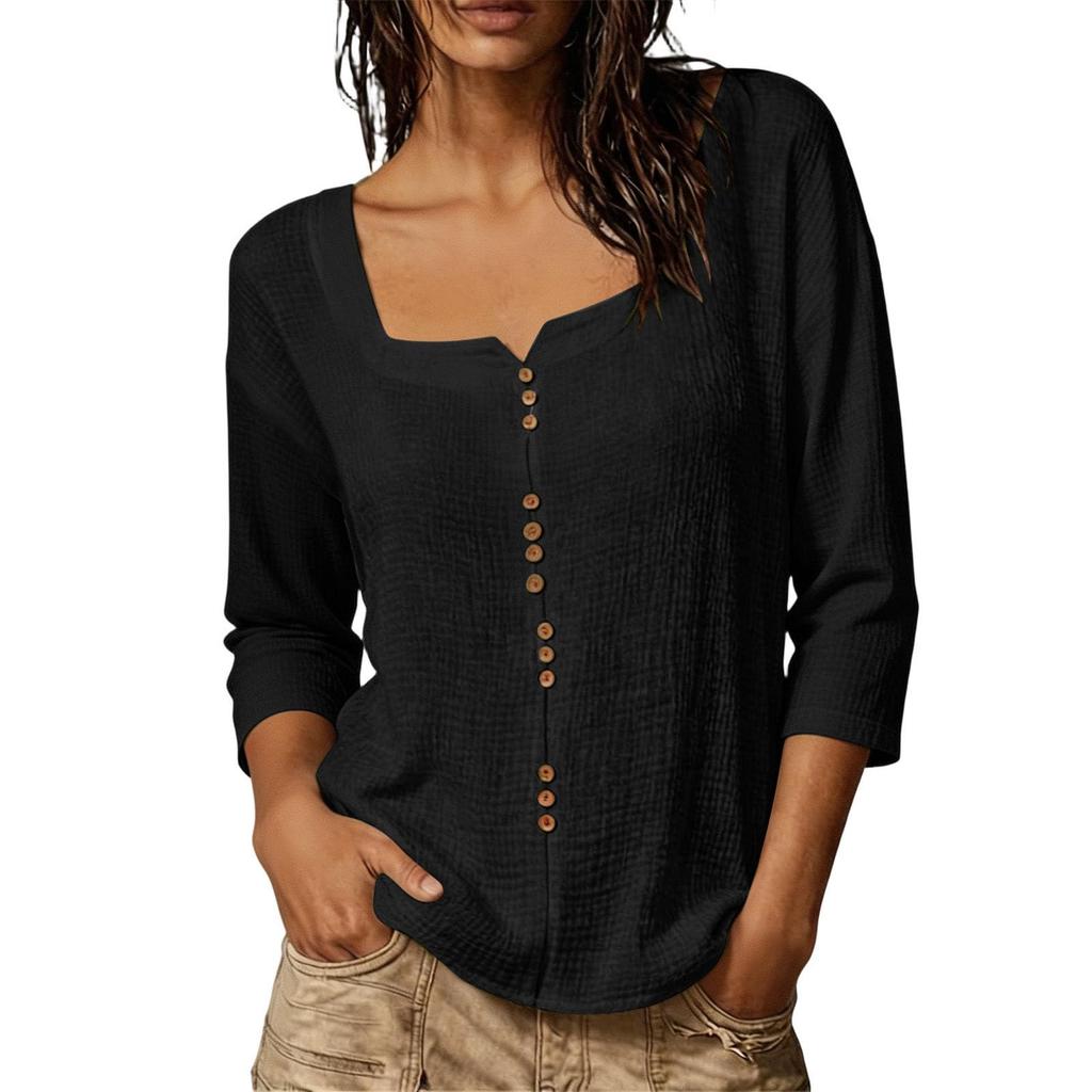 Women's V-Neck Three-Quarter Sleeve Button Down Blouse for Work in Cotton Linen