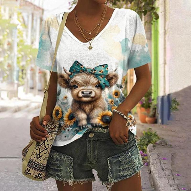 Animal Women's T Shirt Summer Casual Short Sleeve Top Cute Calf Pattern 3d Print Street Fashion V-Neck Female Harajuku Clothing