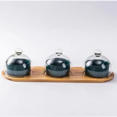 Japanese Tableware Black Ceramic Dessert Bowl Fruit Platter Creative Glass Cover Household Snack Plate Dried Fruit Cake Plate