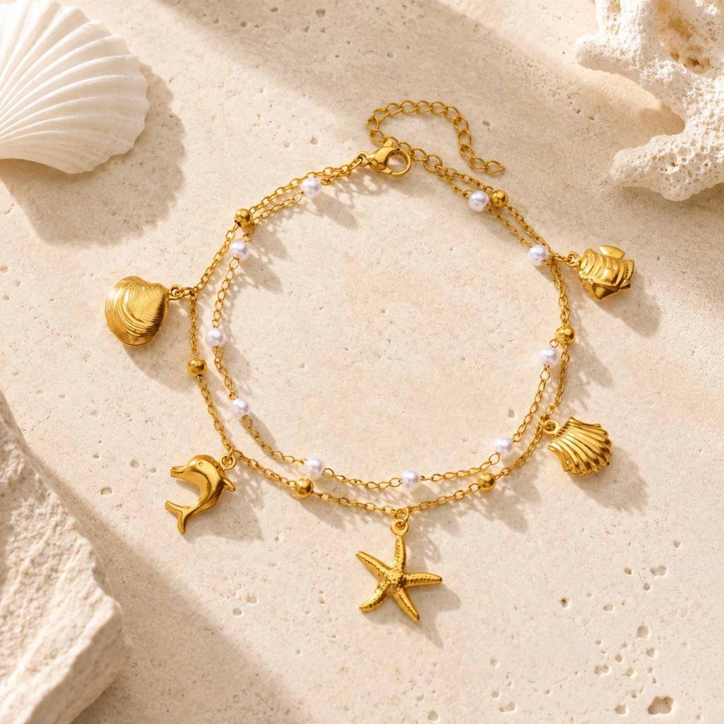 Starfish Shell Dolphin Charms Anklet for Women Stainless Steel Imitation Pearl Double Layers Ankle Bracelet Summer Beach Jewelry