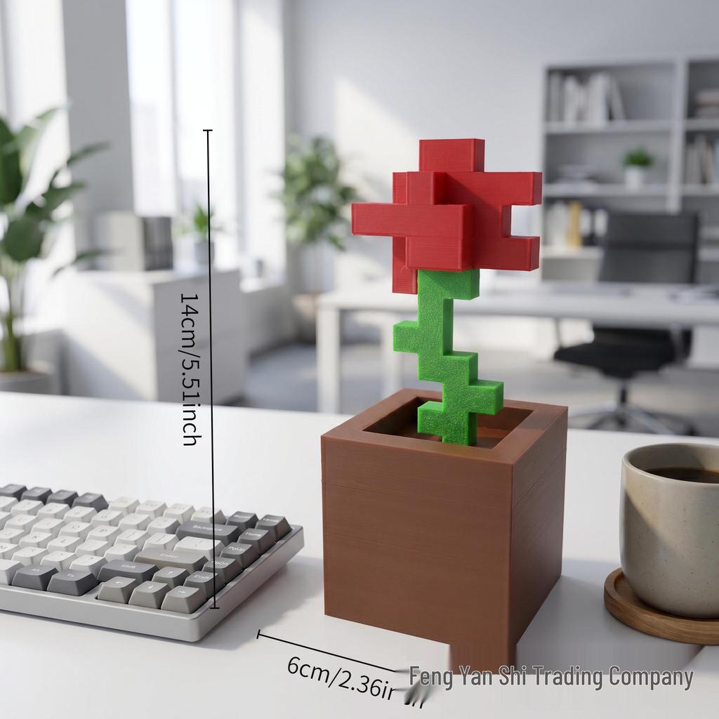 3D Printed Minecraft Pixel Flower Pot - Tulip & Red Rose Design