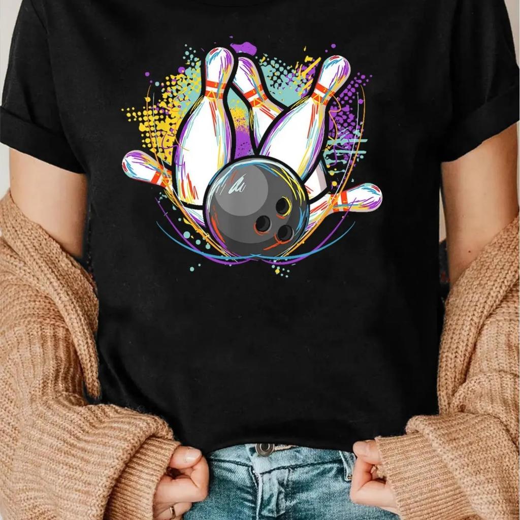Casual Short-Sleeved Colorful Bowling Print Crew Neck T-Shirt for Women Tee For Adult, Men, Women, Teen, Teenager, Adolescent, Y