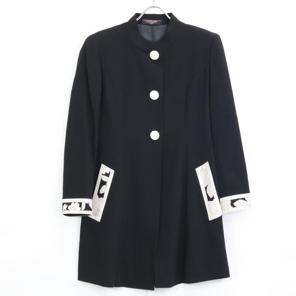 LEONARD Black wool and silk collarless coat coat 11AR Black WhiteUsed