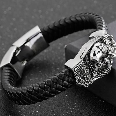 Punk Rock Skull Head Leather Wrap Bracelets for Men 316L Stainless Steel Jewelry Stores Mannen Armband Accessories