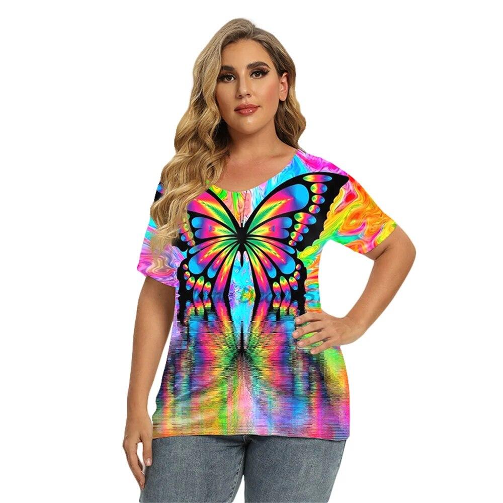 

Женская футболка больших размеров, цифровая элегантная футболка с 3D принтом бабочки, топы большого размера, новинка 2022 года, летняя новая женская уличная футболка с коротким рукавом XS