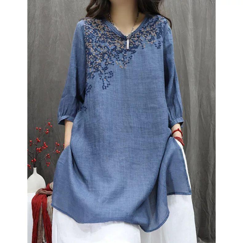 Lente Zomer Retro Geborduurde Blouse Losse Literaire Vrijetijds Middellange Top voor Dames