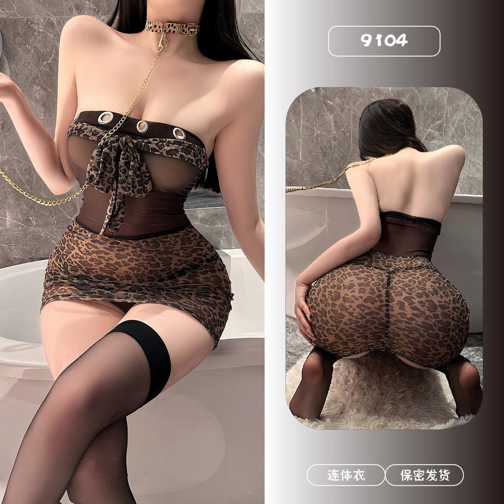 Sex underwear sexy leopard print hip skirt women's uniform temptation mesh perspective pure desire pajamas