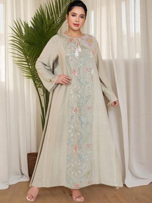 2025 Autumn Light Green Plus Size A-line Dress: Elegant Long Sleeve Islamic Style