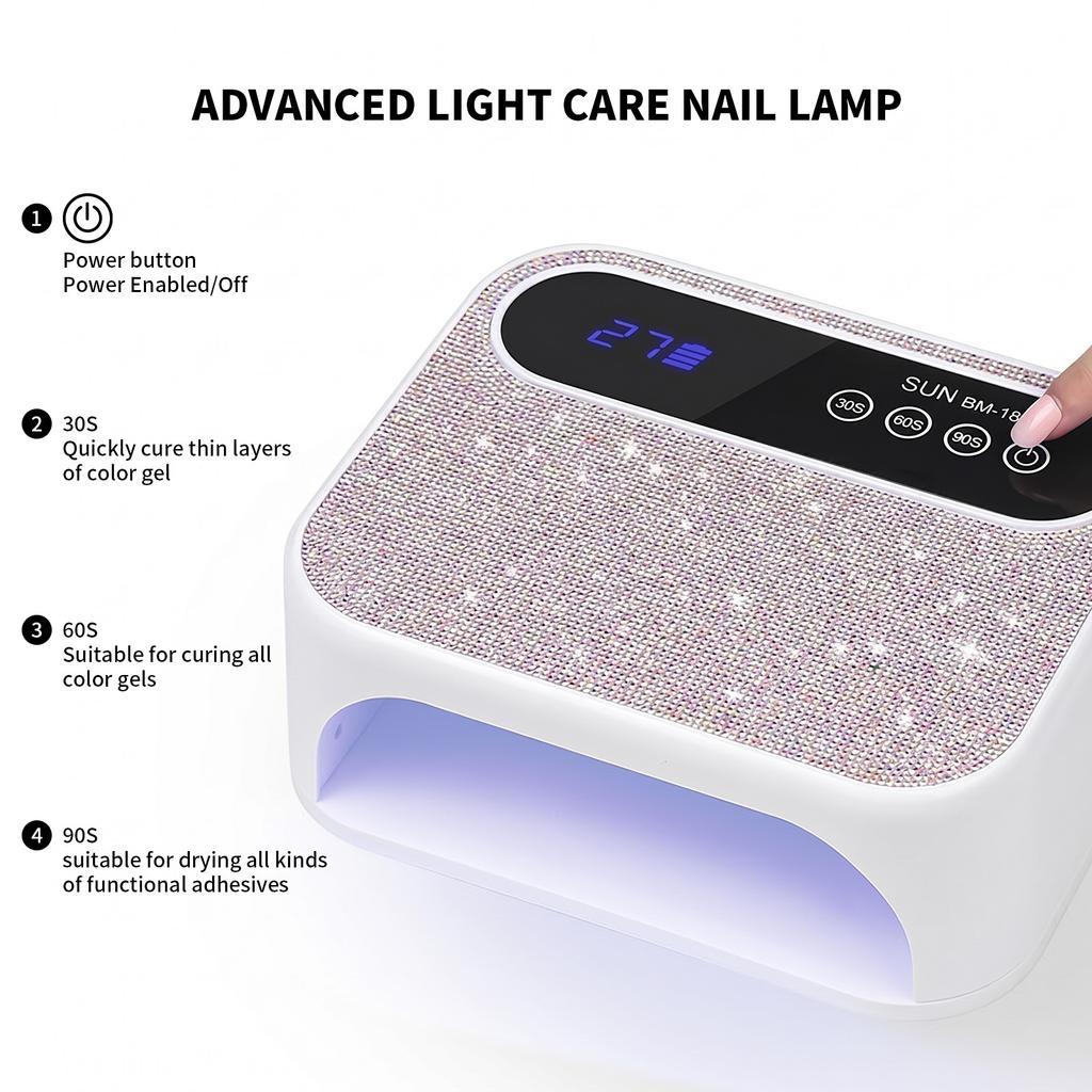 168W Sparkling Rhinestones Curing Lamp with 3 Timers Setting LED Nail Lamp for 3D Nails Art Acrylic Builder Salon Home Use