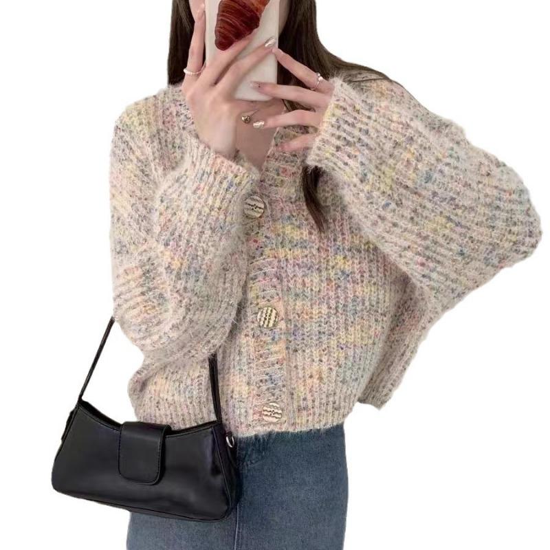 Vintage soft waxy knitted cardigan top women's spring new loose design color dot sweater jacket
