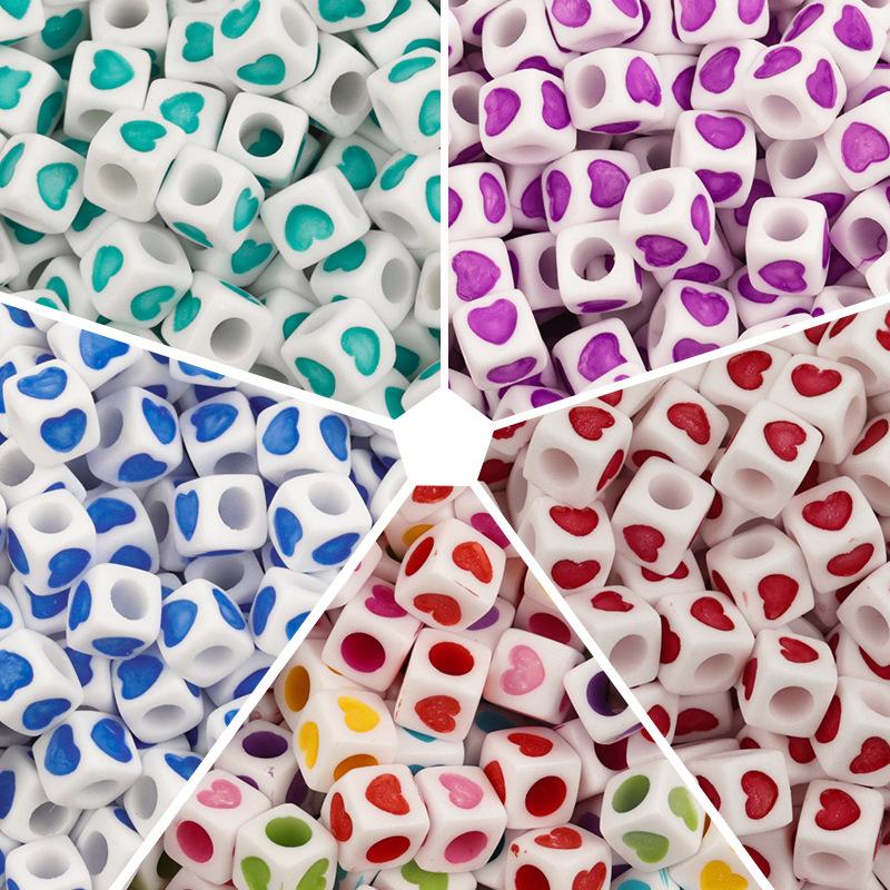 Acrylic DIY Cube Square Heart Printed Big Hole Beads for Bracelet Making Jewelry Findings