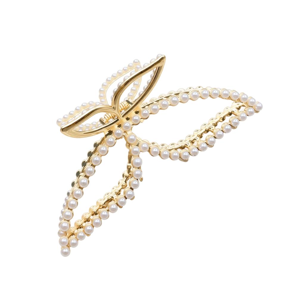 Large Metal Hair Claw Clip with Floral Design Pearl and Rhinestone Accents Tassel Hairpin for Updo Styling and Secure Hold