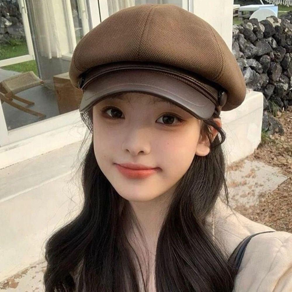 Retro Pu Leather Beret Korean Style Painter Hat Fashion Wool Octagonal Hat  Girl