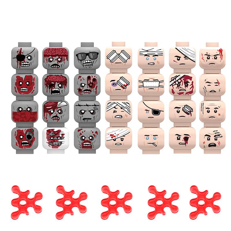 MOC Militär Zombie Verletztes Gesicht Zubehör Bausteine Armee Soldaten Figuren Kopf Emotionale Waffe Teile Mini Steine Spielzeug