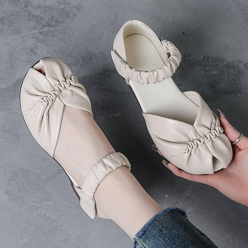 Fashion GKTINOO Genuine Leather Comfortable Breathable Sandals 2025 Summer New Peep Toe Low Heel Versatile Retro Women's Shoes