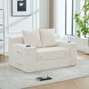 Sofá-cama duplo moderno, um sofá confortável feito de caxemira, com duas almofadas e um porta-copos, também com um pufe elegante com arrumação lateral.