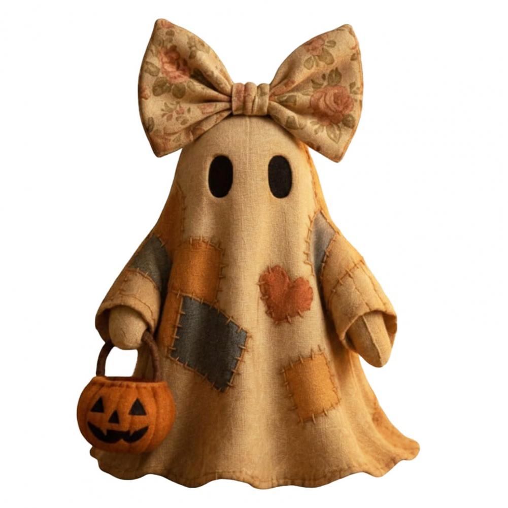 

Patchwork Ghost Halloween Decor Handmade Ghost with Pumpkin Bucket And Floral Bow Vintage Tabletop Ornament