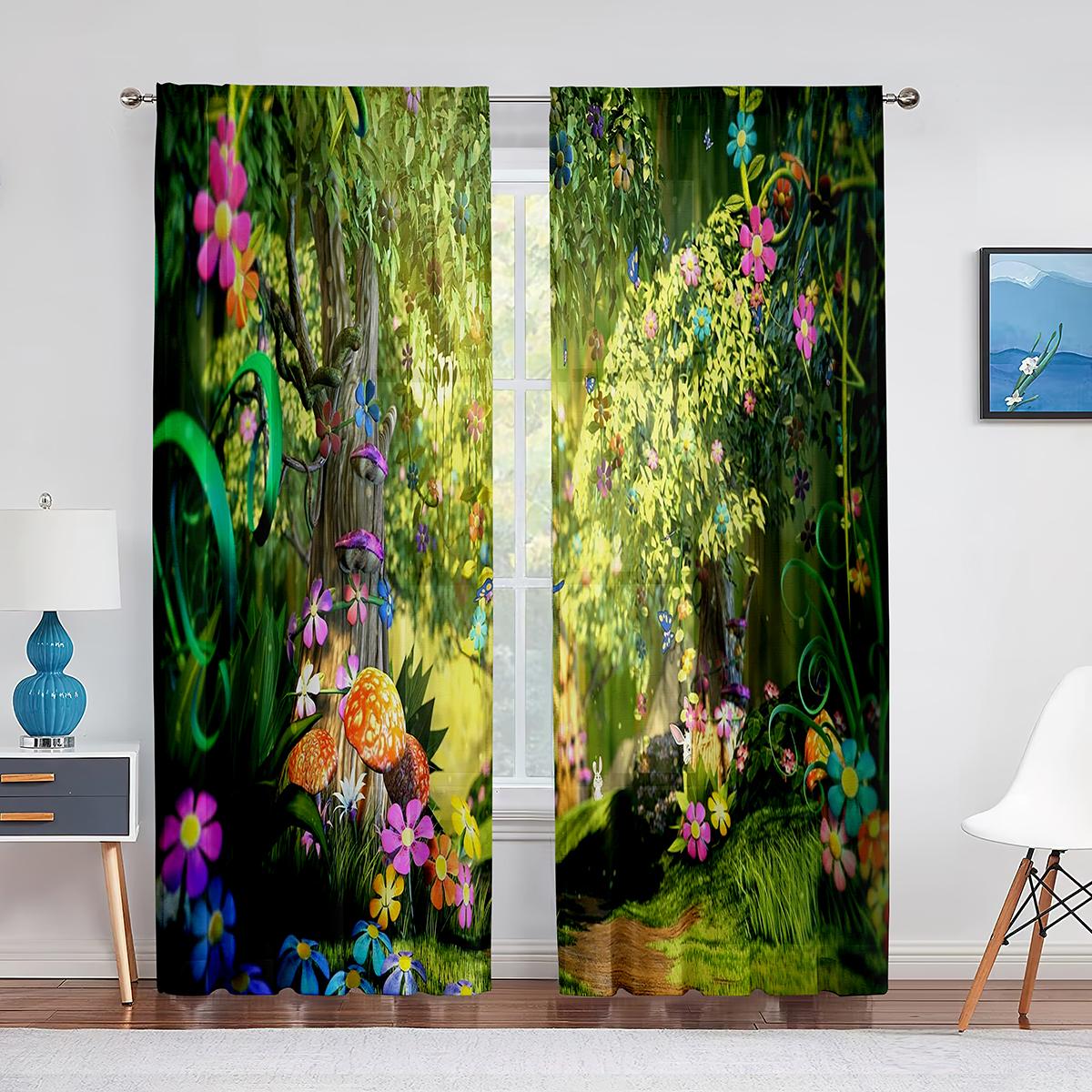 Waldmärchen-Laternen und Fantasie-großer Baum-Tüllvorhänge für Wohnzimmer-Schlafzimmer-Dekoration, Chiffon-durchsichtiger Voile-Vorhang 1 PCS W100XH250cm&Rod Pocket