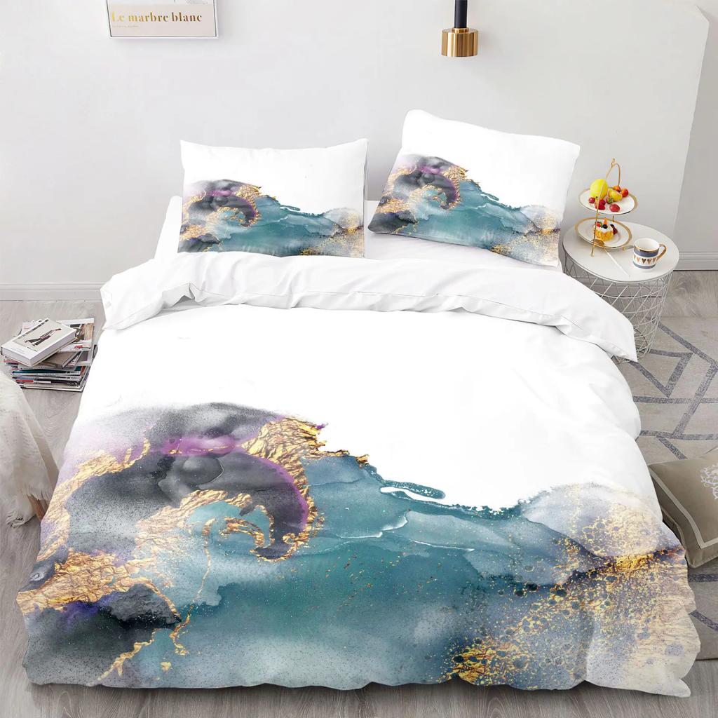 Modern Gold Blue Marble Soft Duvet Cover Women Kid Gift Gliter Abstract Marble Luxurious Ink Plus Wash Art Theme Bedrom Decorations