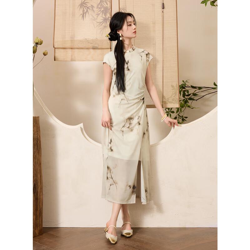 

Sancai Tea Smoke Dream New Chinese Style Mesh Print Dress S (155/80A)