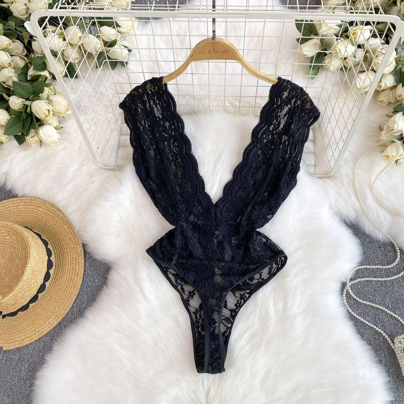 

Сексуальный вдохновляющий дизайн Низкий вырез Подчеркивающий грудь Без спины Прозрачный комбинезон Женское кружево Слим Приталенный Без рукавов Футболка для низа Мода Black L