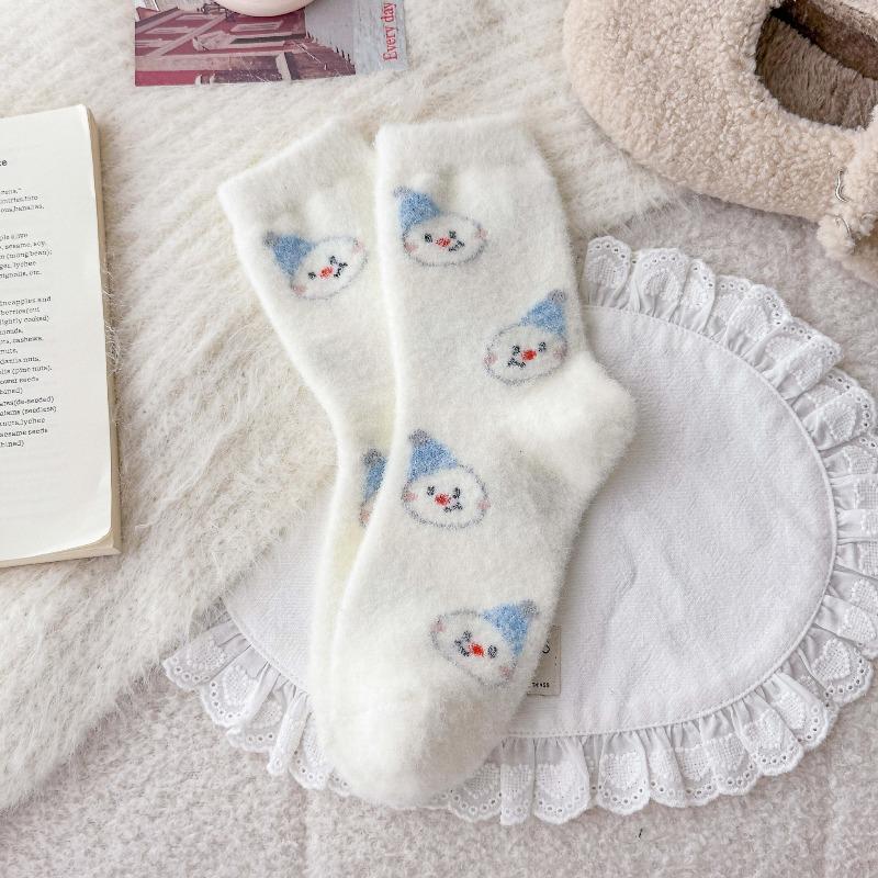Australian Wool Children's Winter Plush Thick and Warm Mid-calf Socks, Cute Cartoon Snowman Sleep Socks, Home Floor Socks