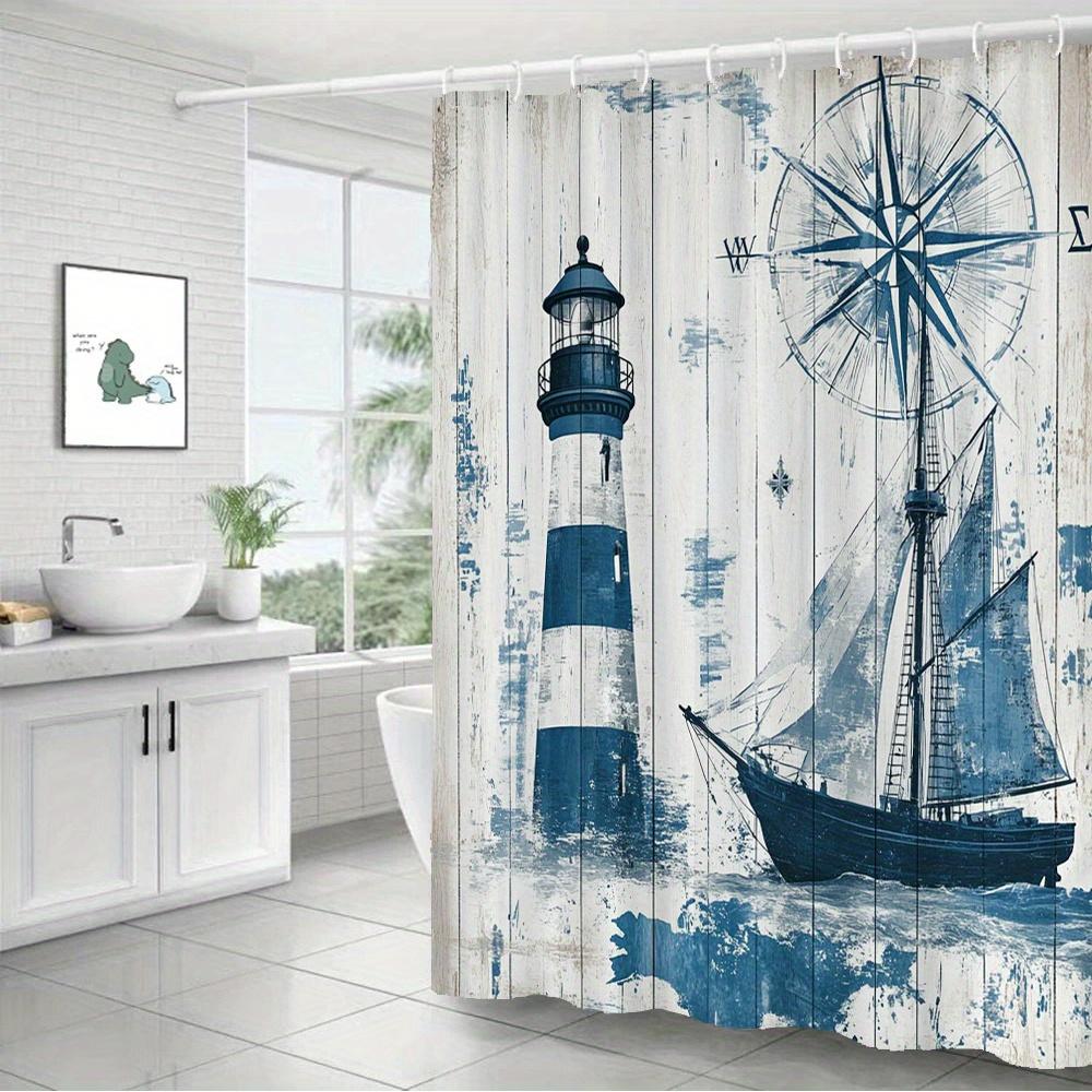 Exquisite Fashion Items Lighthouse & Sailboat Shower Curtain – Distressed Nautical Illustration With Compass On Wood-Effect Background, 12 Hooks