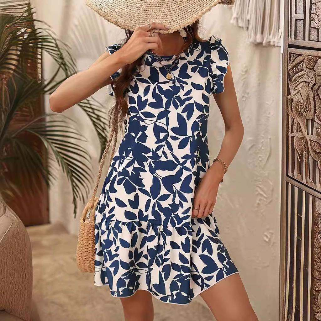 GMXIA Women's Summer O-Neck Printed Ruffle Dresses