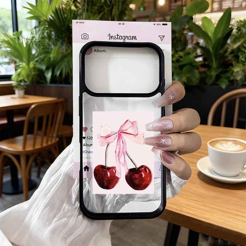 Creative Pink Y2K Bow Cherry Phone Case For iPhone 17 Pro Max 17 Air 17Pro 17 Hand Painted Shockproof Clear Hard Cover Fundas