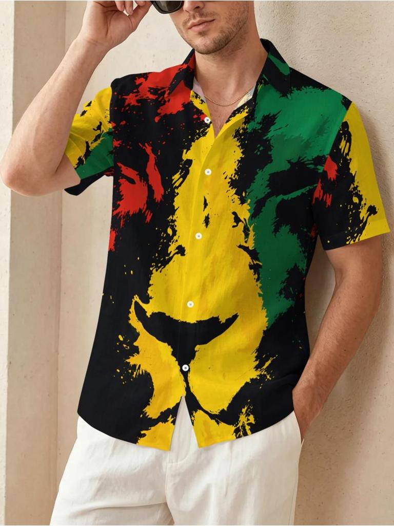 Men's Casual Short - Sleeved Button - Shirt, Mixed Color, Multiple Specifications Available, Polyester Material, Vibrant Abstract Design, Suitable