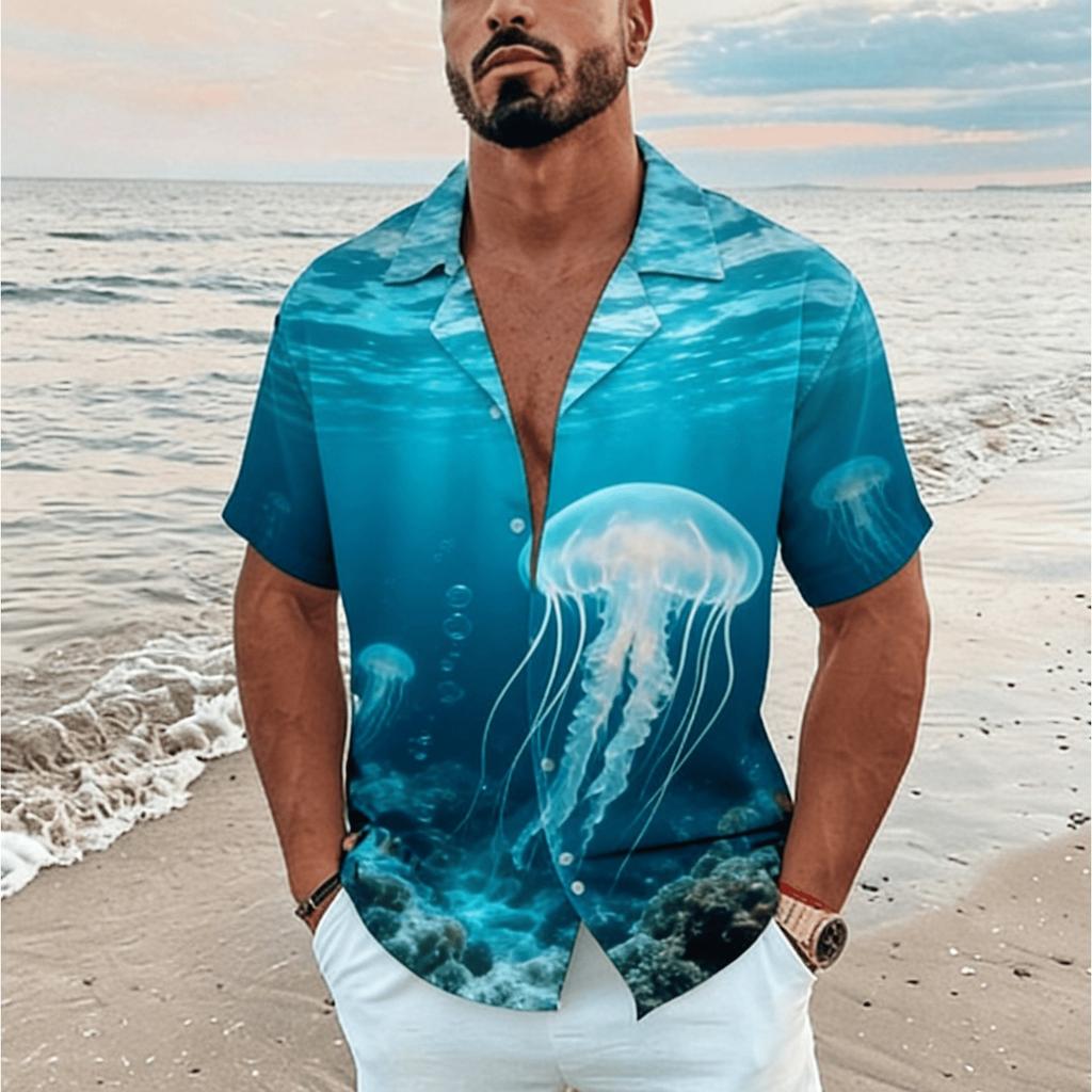 Men's Split View Ocean Animal Print Short Sleeve Shirt, Spring Summer Marine Vacation Blouse, Loose Casual Top