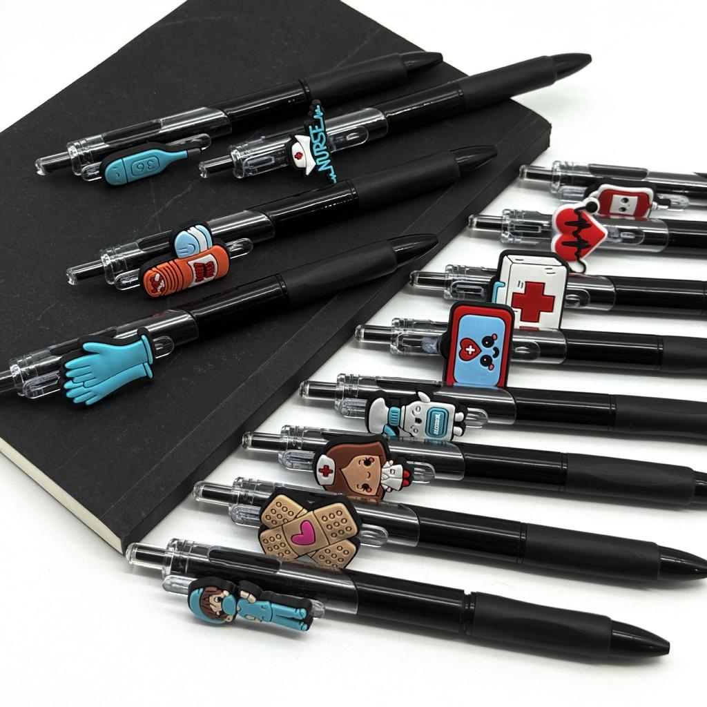 10Pcs Nurse-Themed Retractable Ballpoint Pens - Black PVC Soft Grip Pens with Random Nurse Designs, Fine Point, Ideal for Students and Office Use, Nur