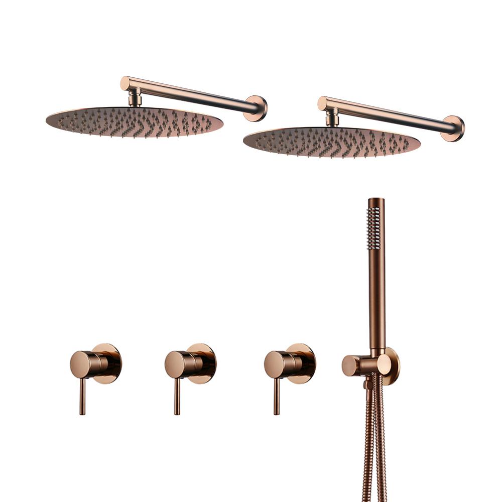 8-12 Inch Double Shower Head Brushed Rose Gold Shower Mixer 3 Concealed Handles Wall Mounted Hot & Cold Wall Mounted Tap