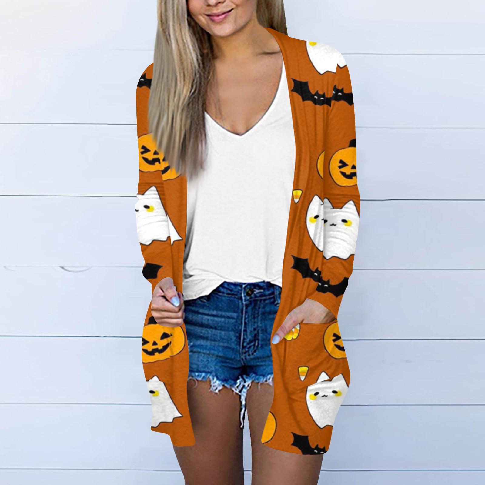 

Женская модная повседневная куртка-кардиган средней длины с длинным рукавом и принтом на Хэллоуин L жёлтый