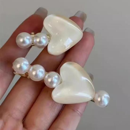 Hairpin Stable Non-Damaging Hair Clip with High-Gloss Imitation Pearls Pink Jelly Heart Design Princess Style Hair Accessory