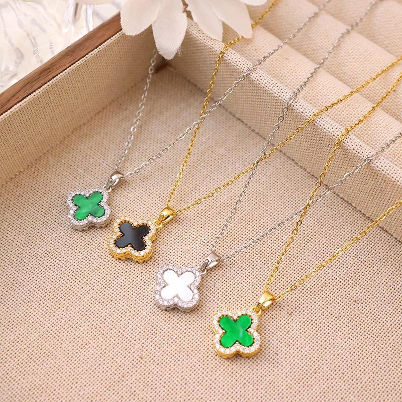 Fashion Commuter Double Sided Four Leaf Clover Zircon Pendant Clavicle Necklace For Women
