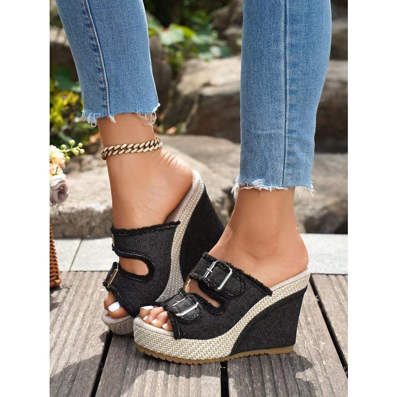 Sandali da Donna con Zeppa Piattaforma Estate Intreccio di Paglia Suola Spessa Ciabatte in Denim Sandalo alla Moda Casual con Cinturino a Doppia Fibbia