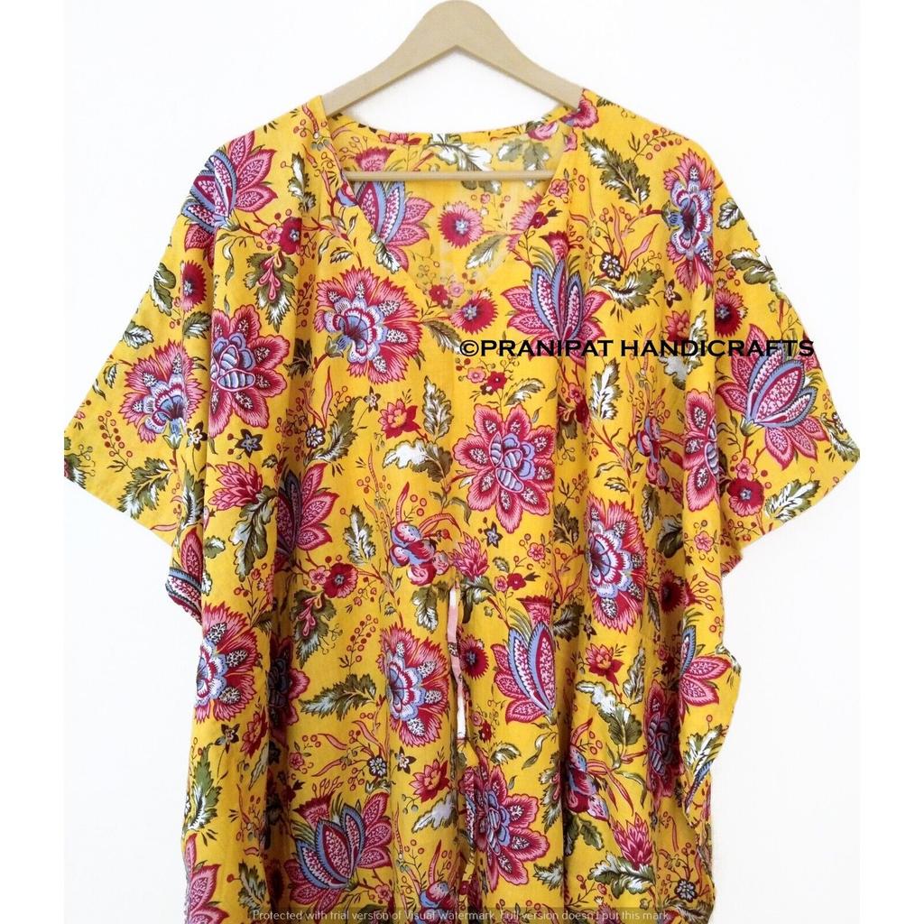 Indian Yellow Long Floral Print Cotton Hippie Maxi Women Nightwear Caftan Dress CKFTN-SCRN-FULL-BUYIT-078