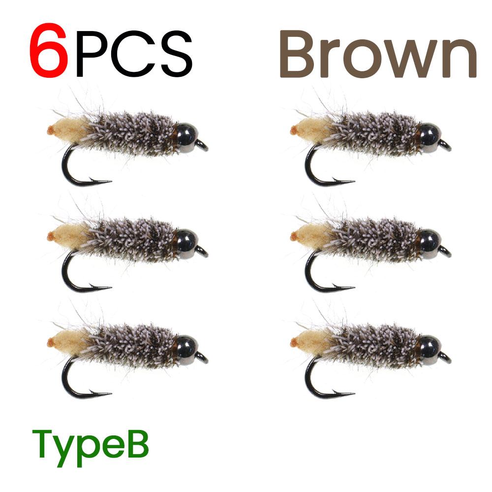 6 Stück #12 Widerhaken Hasenohr & Hirschhaar Dubbing Köcherfliegenlarve Nymphenfliegen mit 3,2mm Messingkopf Forelle Barsch Steelhead Angelköder