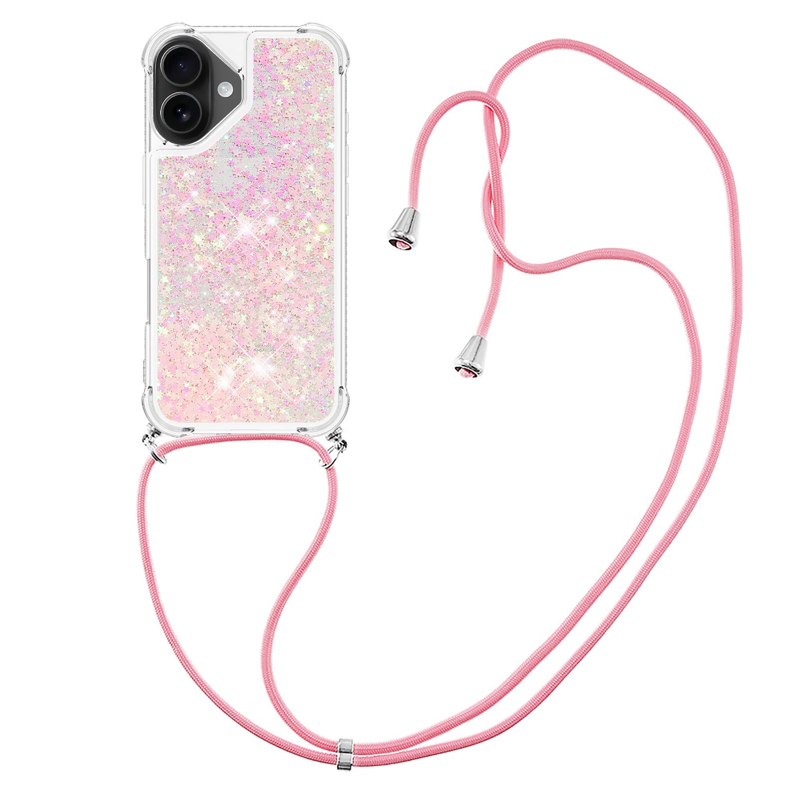 

For iPhone 17 TPU Case Quicksand Phone Cover with Lanyard Pink/Pentagrams