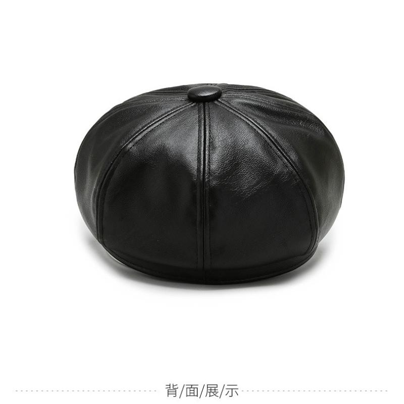 Retro PU Leather Octagonal Newsboy Hat Women's British Style Beret with Brim, Autumn and Winter Versatile Face Painter Hat