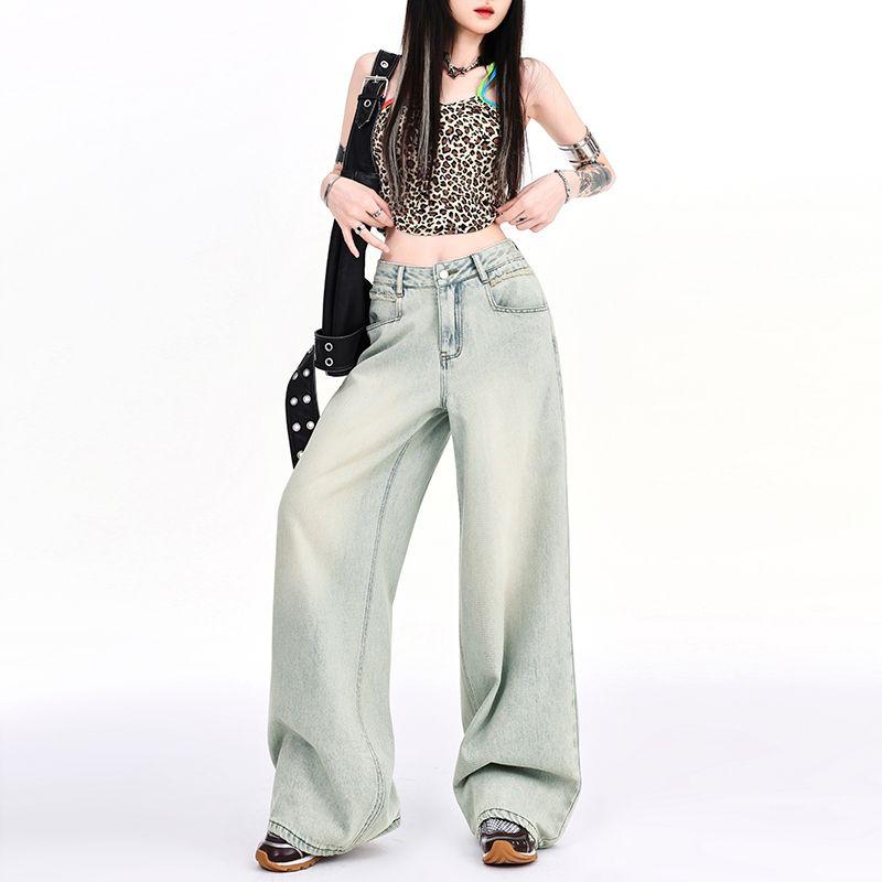 

Small Light Blue Loose Straight Wide Leg Denim Female Niche Design Embroider Mop Draped Pants Summer Light pants 156-165 XL