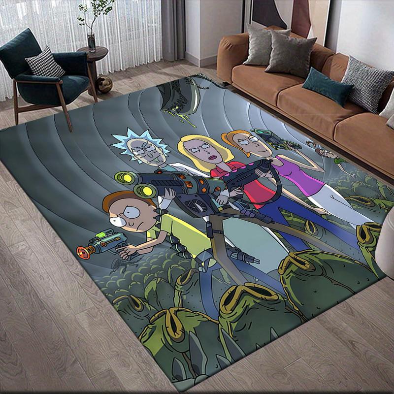 Rick and Morty Flannel Pattern Square Carpet,Area Rug,Carpet Rug for Living Room Bedroom Sofa Playroom Decor,Non-slip Floor Mat