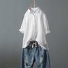Camicetta da donna estiva casual a maniche corte monopetto con volant, tinta unita, semplice, con colletto a revers, bottoni