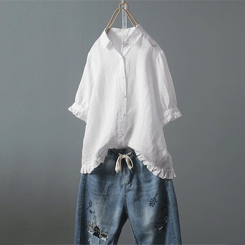 Camicetta da donna estiva casual a maniche corte monopetto con volant, tinta unita, semplice, con colletto a revers, bottoni